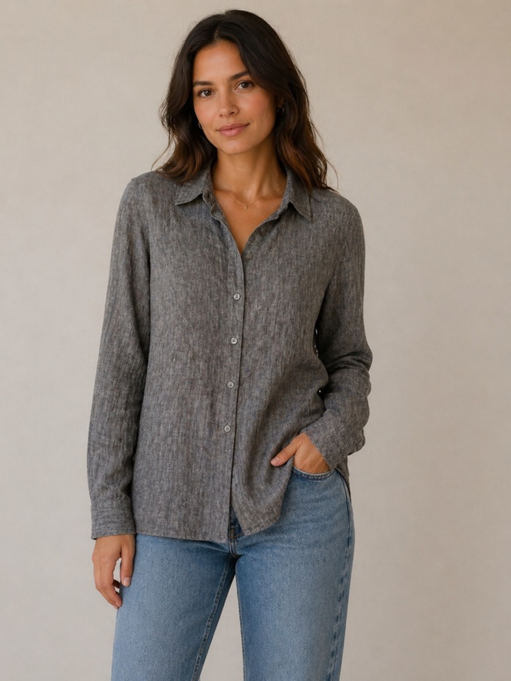 Pure Jill JJill Charcoal Chambray 100% Linen Button Down Shirt. Size L‎ EUC